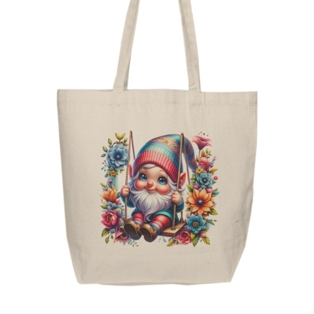 Floral Spring Swinging Gnome Custom Canvas Tote Bag - Picture 2 of 4